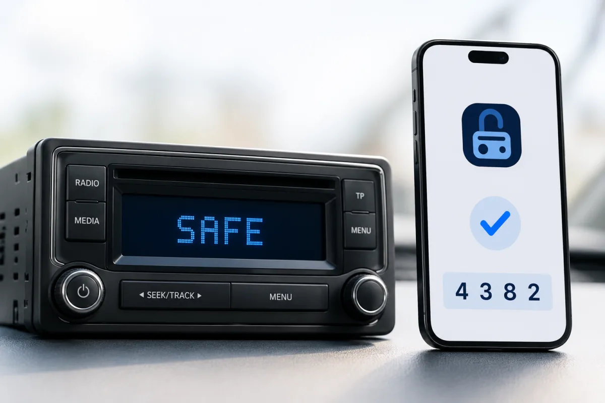 Autoradio met de ontgrendelcode op een telefoon